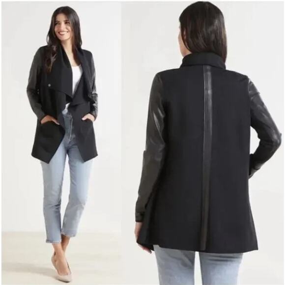 SPANX Drape Front Jacket Black Ponte Faux Leather Sz XS {3N27} - Picture 2 of 7